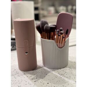 17PCs Pink Makeup Medium Brushes Kit With Organizer Travel Case